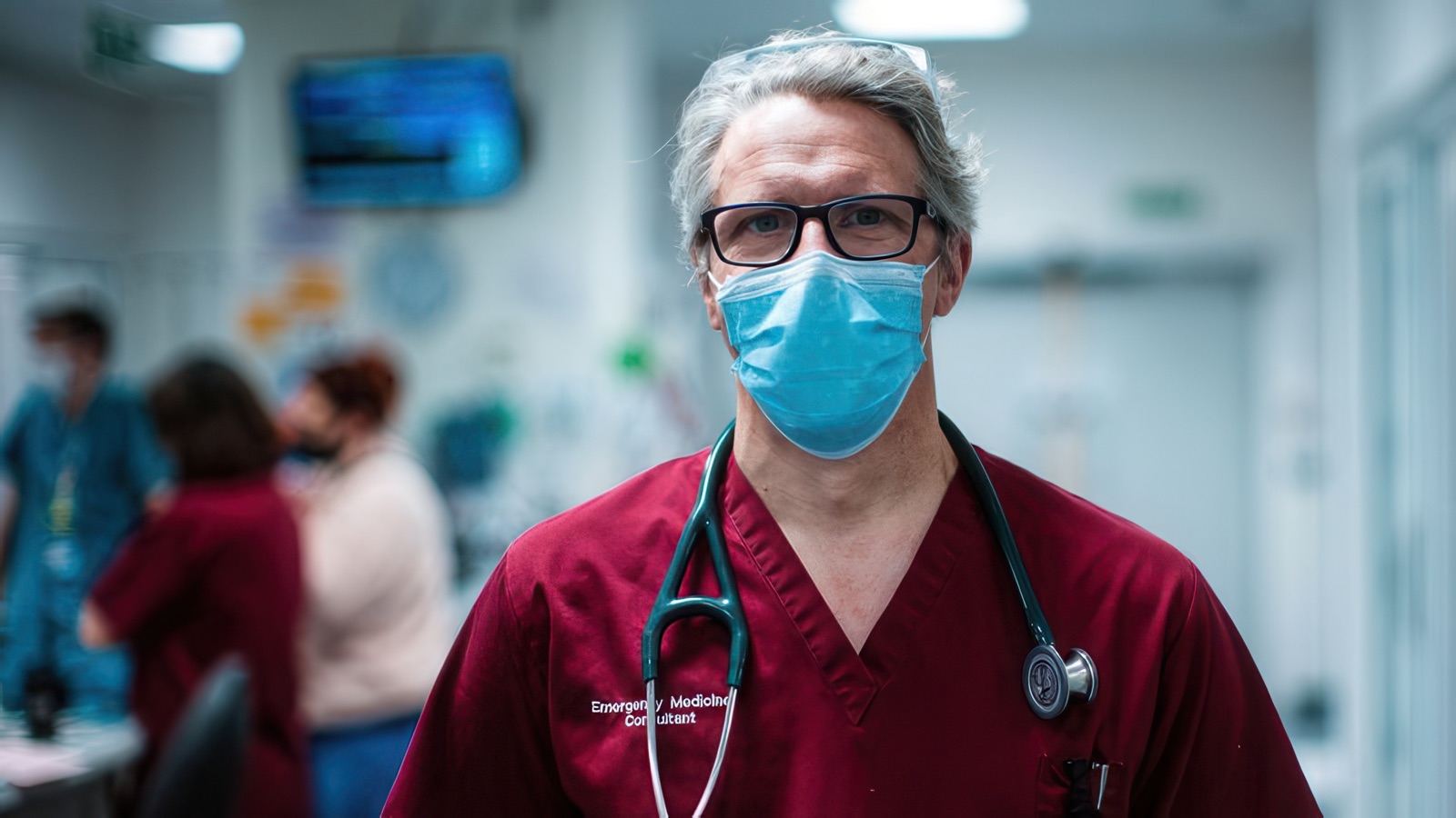 An emergency medicine consultant in red scrubs and a mask on a hospital ward